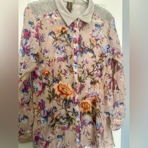 Aratta Silent Journey Blouse w/ Sheer Shoulder Accents & Gold Trim Sz L